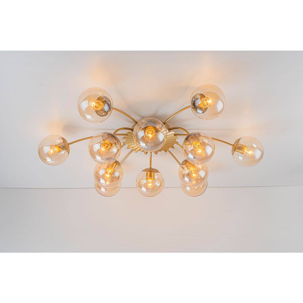 Ceder 12-Light 39.4-in W Brushed Gold Sputnik Semi-Flush Mount with Amber Glass Globes for Living Room and Foyer price history on PriceWatchPro