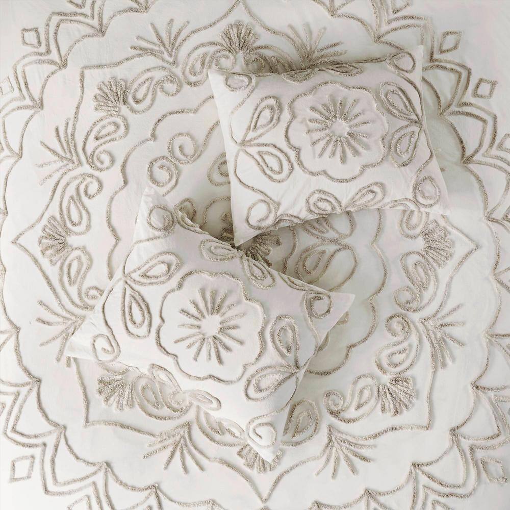 Ivory Full Tufted Cotton Chenille Coverlet Set with Graphic Detail