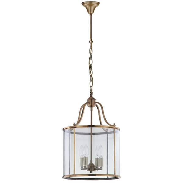 SAFAVIEH Sutton Place 4-Light Brass Cage Medium Hanging Pendant Lighting with Clear Shade