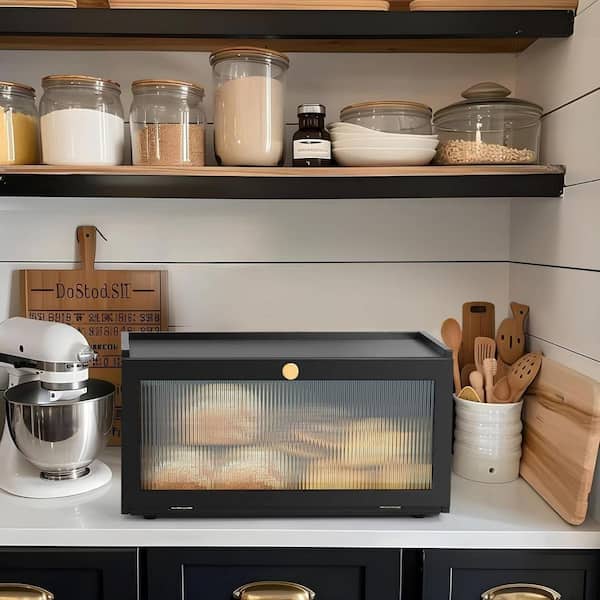 1 Piece Black Bread Box for Kitchen Countertop, Modern Bamboo Bread Box with Window, Bread Storage Container