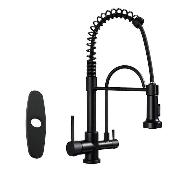 17.5 in. Spring Single Handle 360 degree swivel Pull Out Sprayer Kitchen Faucet with Filter Spout in Matte Black