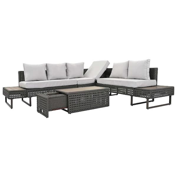 Unbranded 6-Piece Metal Outdoor Diamond Weave Patio Sectional Furniture Set with Extendable Coffee Table, Ice Bucket, Cushions