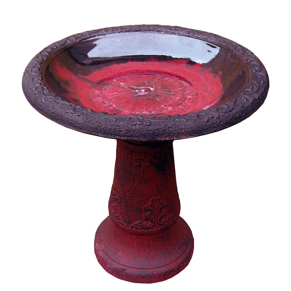 Marbleized Red Scroll Vine Clay Bird Bath with Stand