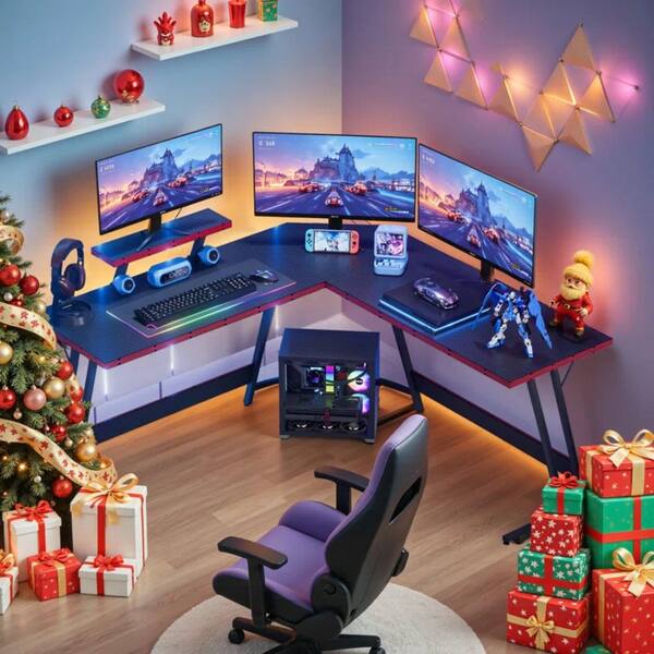 LACOO 51 in. L Shaped Black Carbon Fiber Corner Gaming Desk