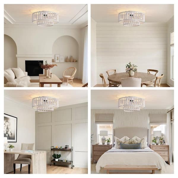 19 in. Indoor White Boho 2-Tier Wood Beaded Caged Flush Mount Fandelier Ceiling Fan with Remote Control No Bulb Included