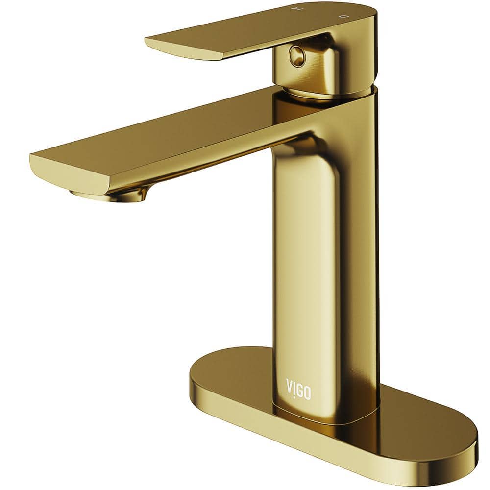 VIGO Davidson Single Handle SingleHole Bathroom Faucet with Deck Plate Set in Matte Gold