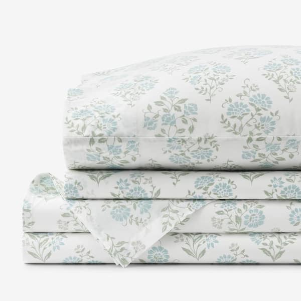 The Company Store Company Cotton Mariel Bouquet Sea Blue Cotton Percale Queen Sheet Set