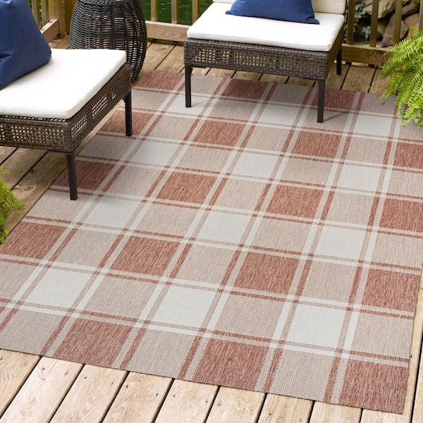 JONATHAN Y Sabine Traditional Farmhouse Bold Gingham Salmon/Cream 3 ft. x 5 ft. Indoor/Outdoor Area Rug