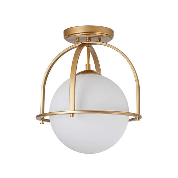 Fragoso 12.91 in. 1-Light Gold Semi Flush Mount Light with Opal Glass