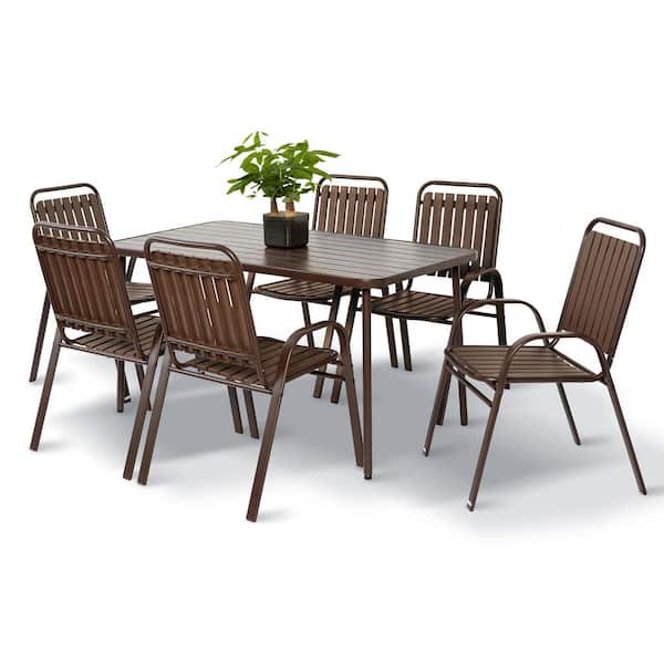 HOMEFUN 7-Piece Steel Patio Outdoor Dining Set 6 Plastic Stackable PVC Chairs and 1-Dining Table Brown