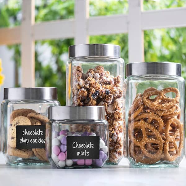 4 Pieces Square Glass Cookie Jars with Airtight Lids + Marker AND Labels for Kitchen Counter or Bathroom, Clear