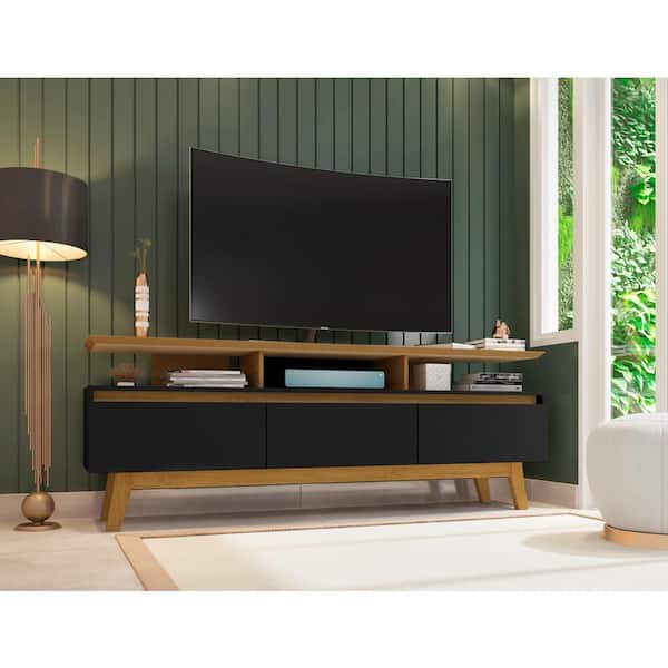 Manhattan Comfort Yonkers 70.86 in. Black and Cinnamon TV Stand Fits TV's up to 65 in. with Storage Shelves and Cable Management