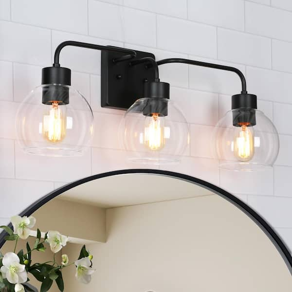 24.5 in. 3-Light Matte Black Bathroom Vanity Light, Industrial and Modern Bath Lighting, Clear Globe Shades Wall Sconce