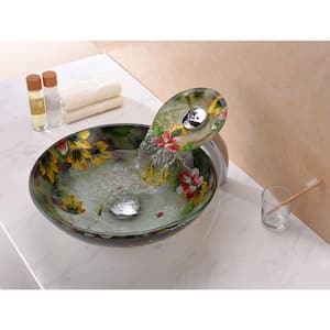Impasto Series Vessel Sink in Hand Painted Mural with Matching Chrome Waterfall Faucet