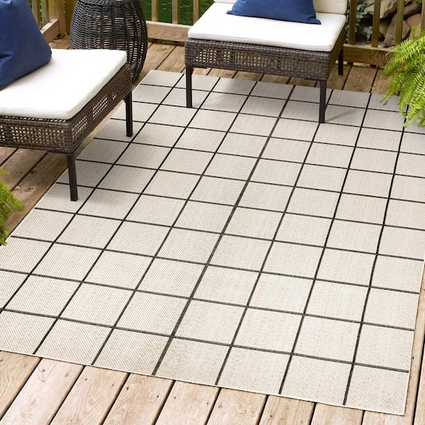 Cream/Dark Gray 4 ft. x 6 ft.Grid Modern Squares Indoor/Outdoor Area Rug