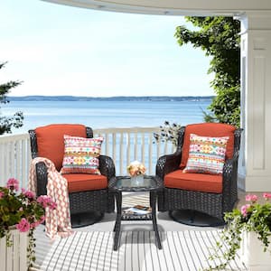 Erie Lake 3-Piece Brown Wicker Outdoor Rocking Chair Set with Orange Red Cushions
