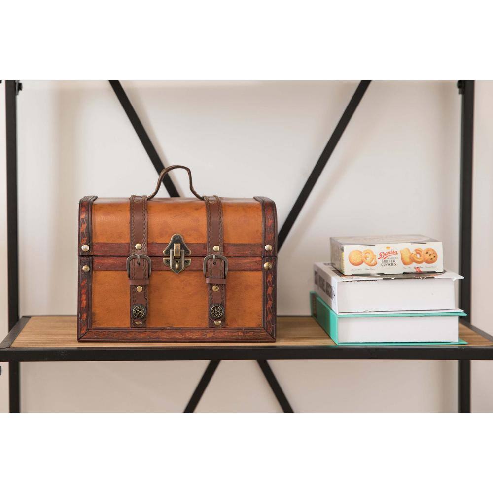 Large Brown Faux Leather and Wood Storage Trunk