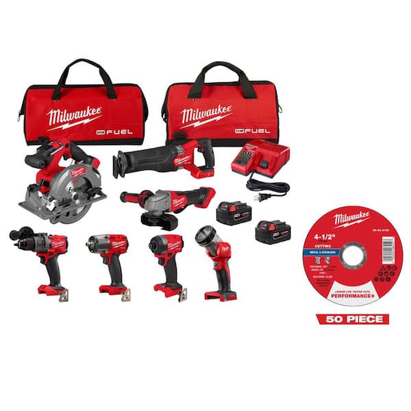 M18 FUEL 18V Cordless Combo Kit with 2 5.0 Ah Batteries (7-Tool)w/ 50 4 1/2 in Performance + Metal Cutoff Wheel Type 1