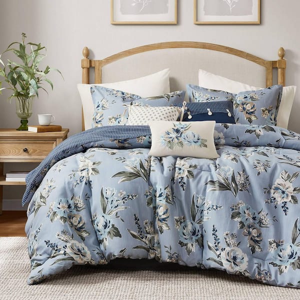 Isadora 7-Piece Blue Floral Cotton Blend King Vintage Comforter Set