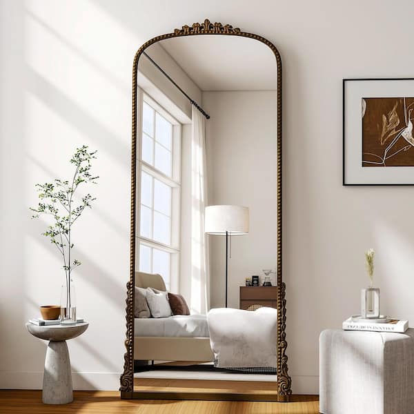 Antique Bronze 28 in. W x 69 in. H Carved Arched PU Frame Full Length Floor Mirror