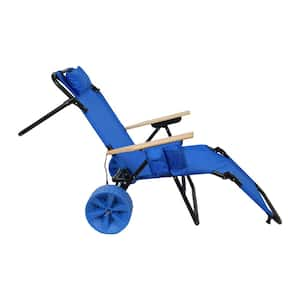 Light Blue Metal Foldable Beach Chair With Wheels, Recliner Beach Cart with Side Pocket and Pillow, Adjustable Backrest