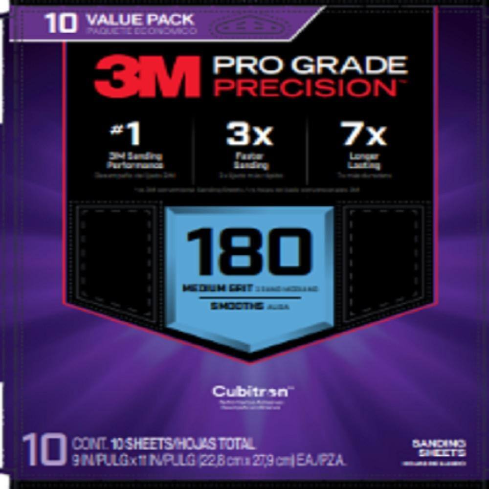 3M Pro Grade Precision 9 in. x 11 in. 180 Grit Faster Sanding Sheets with No-Slip Grip Backing (10-Pack)