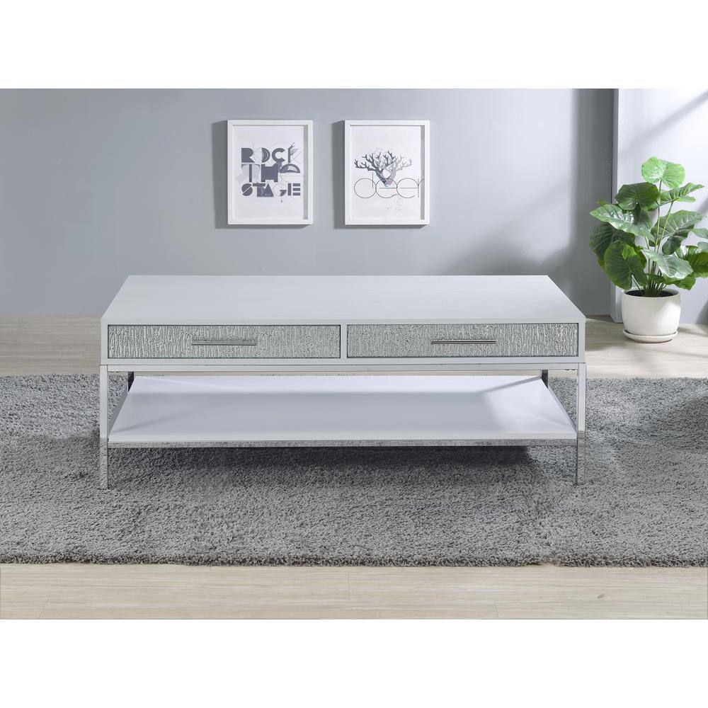 Mirage White Wood and Chrome Rectangular Coffee Table with Storage