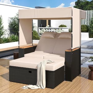 Dark Brown Wicker Outdoor Chaise Lounge Daybed with Canopy, Adjustable Backrest, Storage Ottoman and Beige Cushions