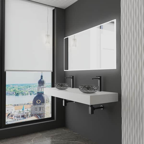 60 in. Wall Mounted Bathroom Countertop Shelf in White Solid Surface with 2 Black Round Glass Vessel Sink