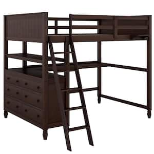 Full Size Loft Bed with Drawers and Desk, Wooden Loft Bed with Shelves - Espresso