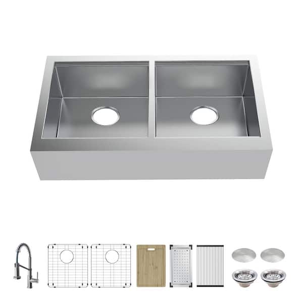 Glacier Bay Professional 33 in. Apron-Front Double Bowl 16 Gauge Stainless Steel Workstation Kitchen Sink with Spring Neck Faucet