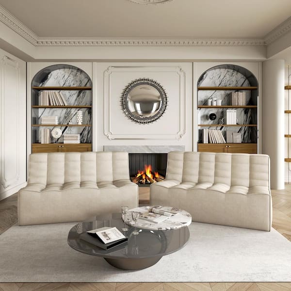 Set of 2 Loveseat Armless 55.1 in. 2 Piece Linen Modular Sectional Sofa 2-Seater Fireside Lazy Floor Sofa Couch in Khaki