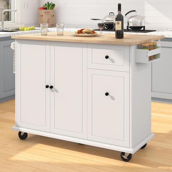 FAMYYT Rolling White Drop-Leaf Rubberwood Tabletop 54 in. Kitchen ...