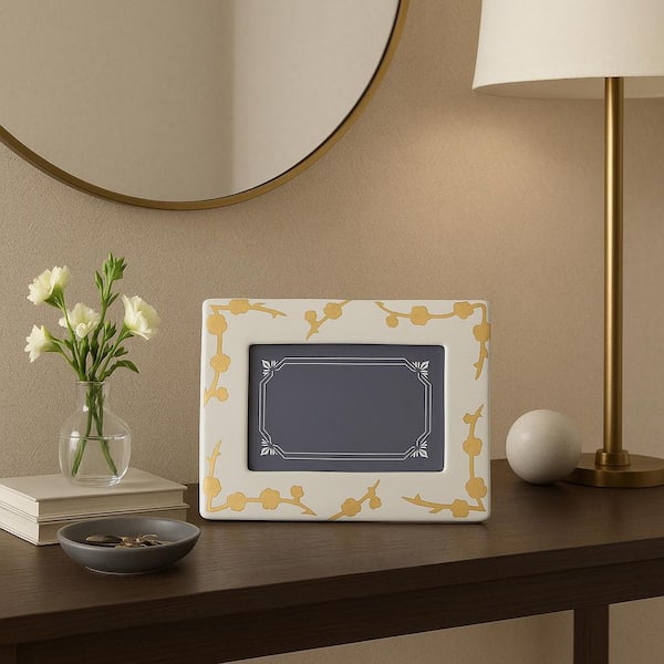 4 in. x 6 in. Blue Stoneware Cherry Blossom Photo Frame
