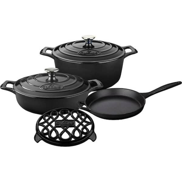 La Cuisine PRO 6-Piece Enameled Cast Iron Cookware Set with Saute, Skillet and Round Casserole with Trivet in Black