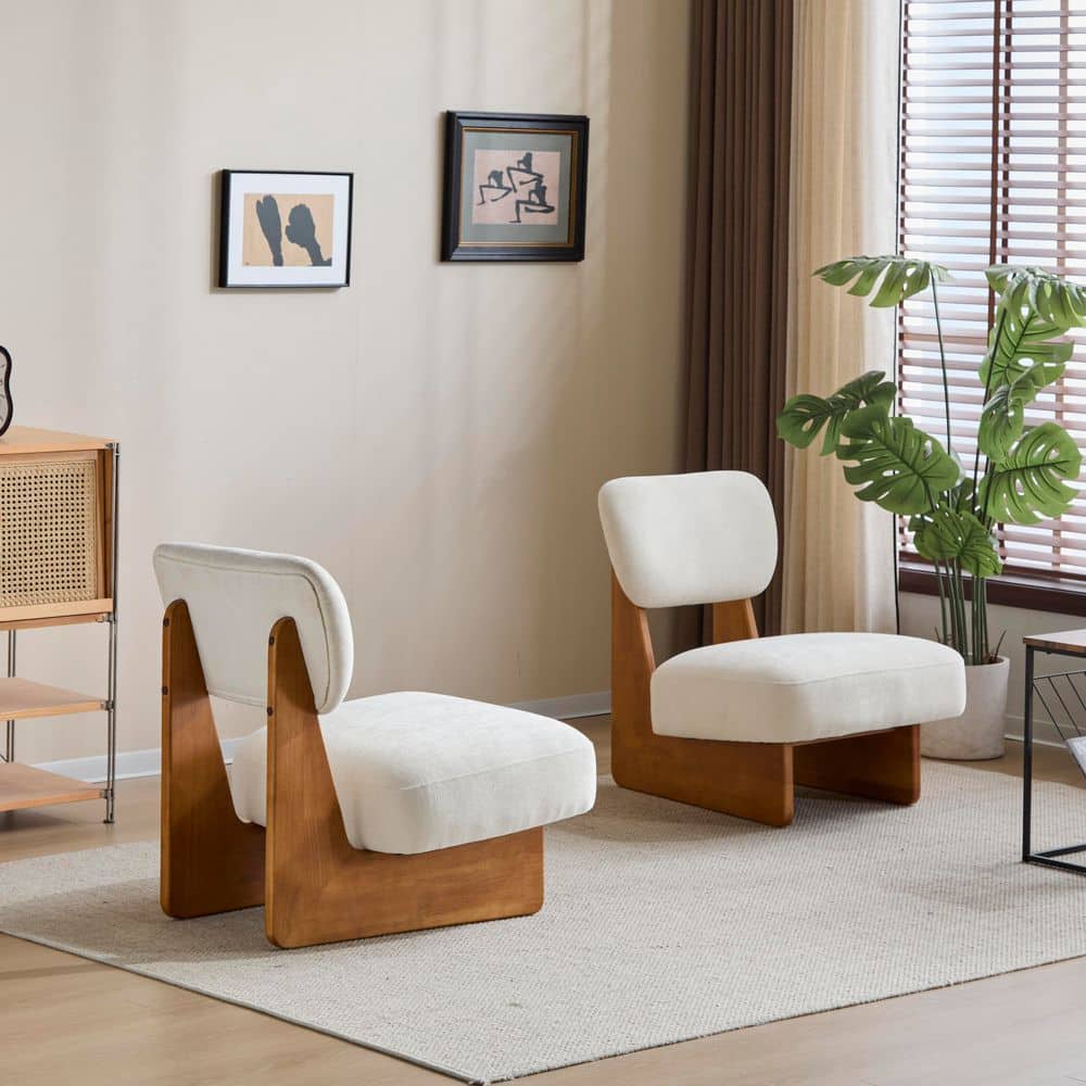 Beige and Natural Polyester Upholstered Lounge Chair (Set of 2) with Rubber Wood Base