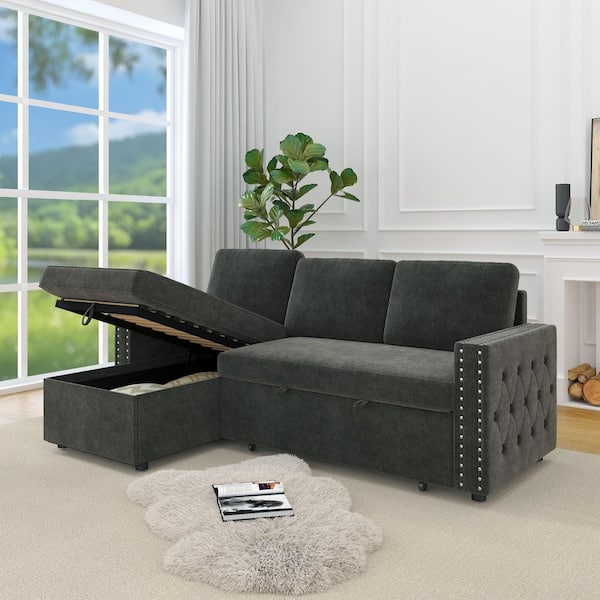 Dark Grey 85 in. Chenille Pull-Out Sofa Bed 3-Seater Sleeper with Storage Chaise Square Handrail and Stylish Copper Nail