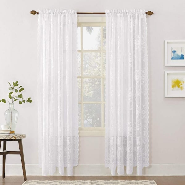 LICHTENBERG White Solid Lace Rod Pocket Sheer Curtain - 58 in. W x 63 in. L