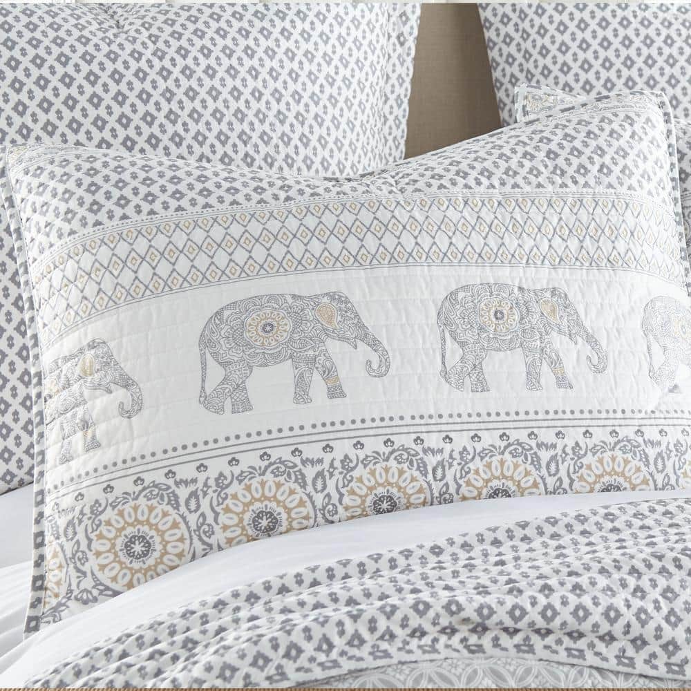 Nacala Gray and Taupe Cotton Full Quilt Set with Elephant Design