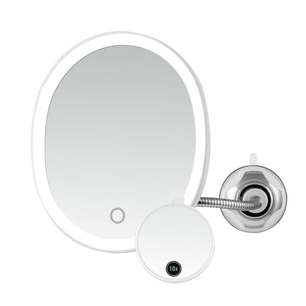OVENTE 11.5 in. W x 8.5 in. H Single Lighted Gooseneck Mirror with 10x Mini Magnetic Mirror and Suction Cup Mounting, White