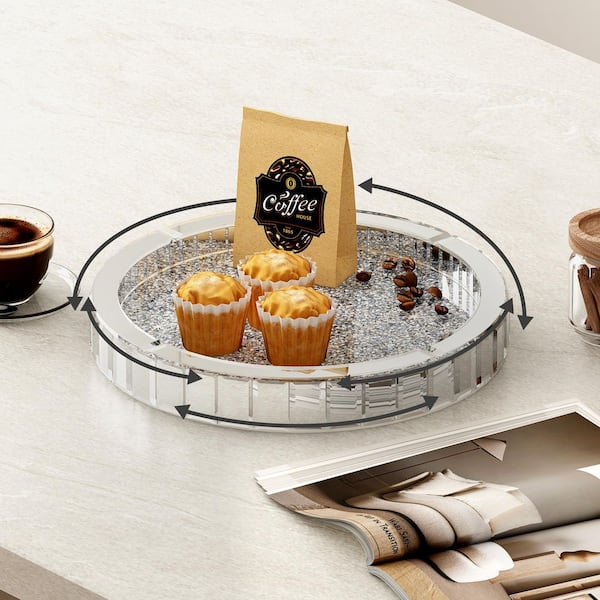 THKSHOUZ Silver Glass Round Mirror Tray with Rotating Base