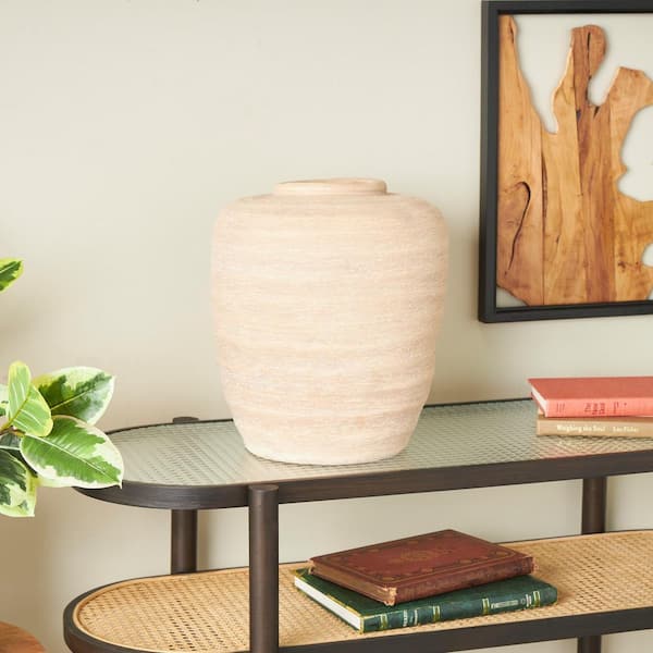 16 in. Beige Wide Textured Ceramic Decorative Vase
