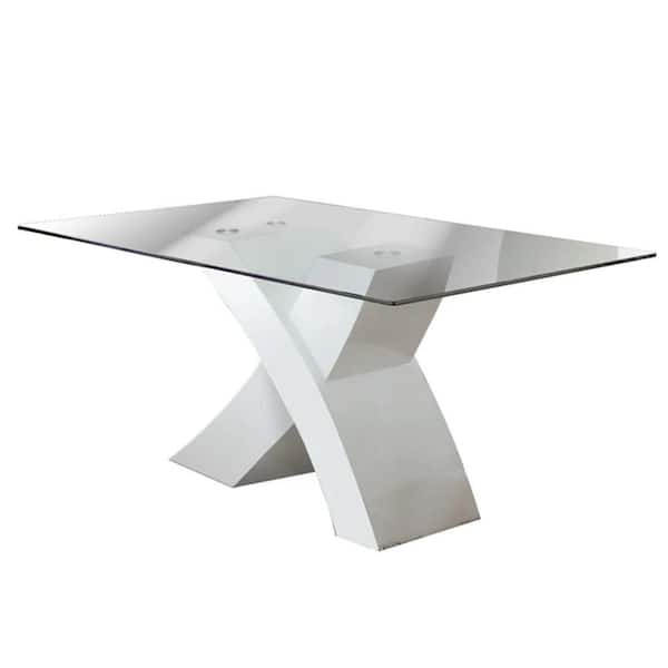 Benjara White and Clear Glass Rectangle 36 in. Cross Legs Base Dining Table Seats 4