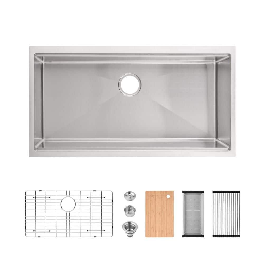 36 in. Undermount Single Bowl Stainless Steel Kitchen Sink with Grid, Drain, Cutting Board, Drainage Basket,Roll-UP Rack price history on PriceWatchPro