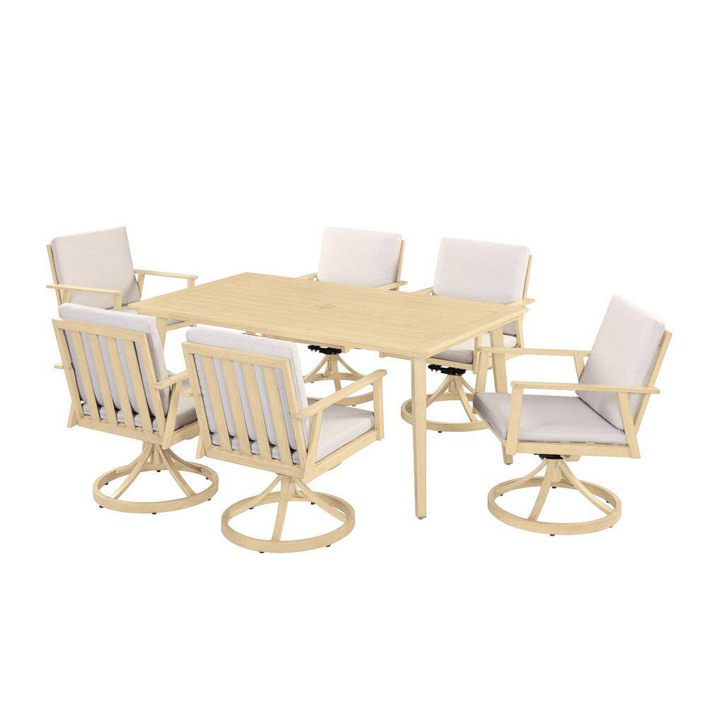 Alulux Light Brown Wood 7-Piece Aluminum Outdoor Dining Set with 6 Swivel Dining Chairs and Beige Cushions price history on PriceWatchPro