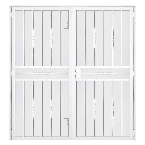 Unique Home Designs 60 in. x 80 in. Cottage Rose White Surface Mount Outswing Steel Security Double Door with Expanded Metal Screen