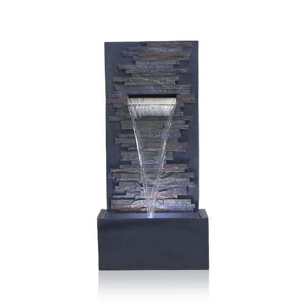 32 in. Tall Outdoor Cascading Stone Wall Fountain with LED Lights, Gray