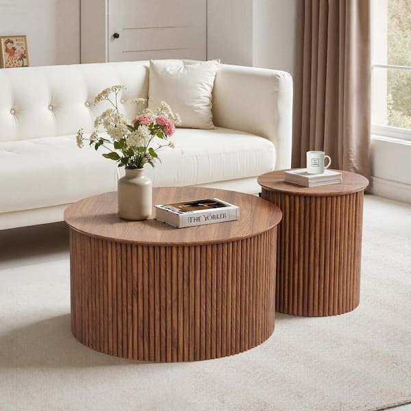Large and Small 17.72 in. H Walnut Round MDF Wavy Coffee Table Set