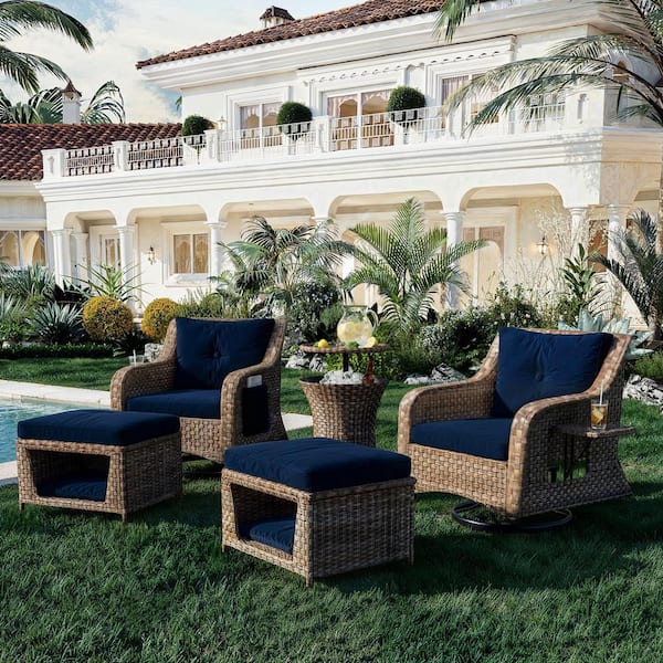 OLUMAT 5-Piece Wicker Patio Conversation Sectional Seating Set with CushionGuard Navy Blue Cushions