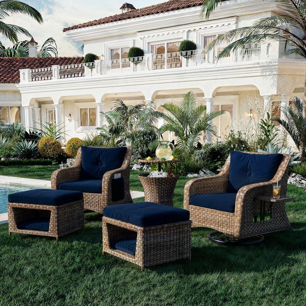 5-Piece Wicker Patio Conversation Sectional Seating Set with CushionGuard Navy Blue Cushions